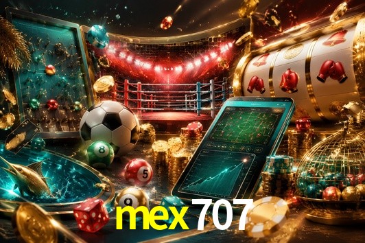 Una escena digital vívida inspirada en casino con mex707 mostrado prominentemente, luces brillantes, fichas, cartas y acentos dorados.