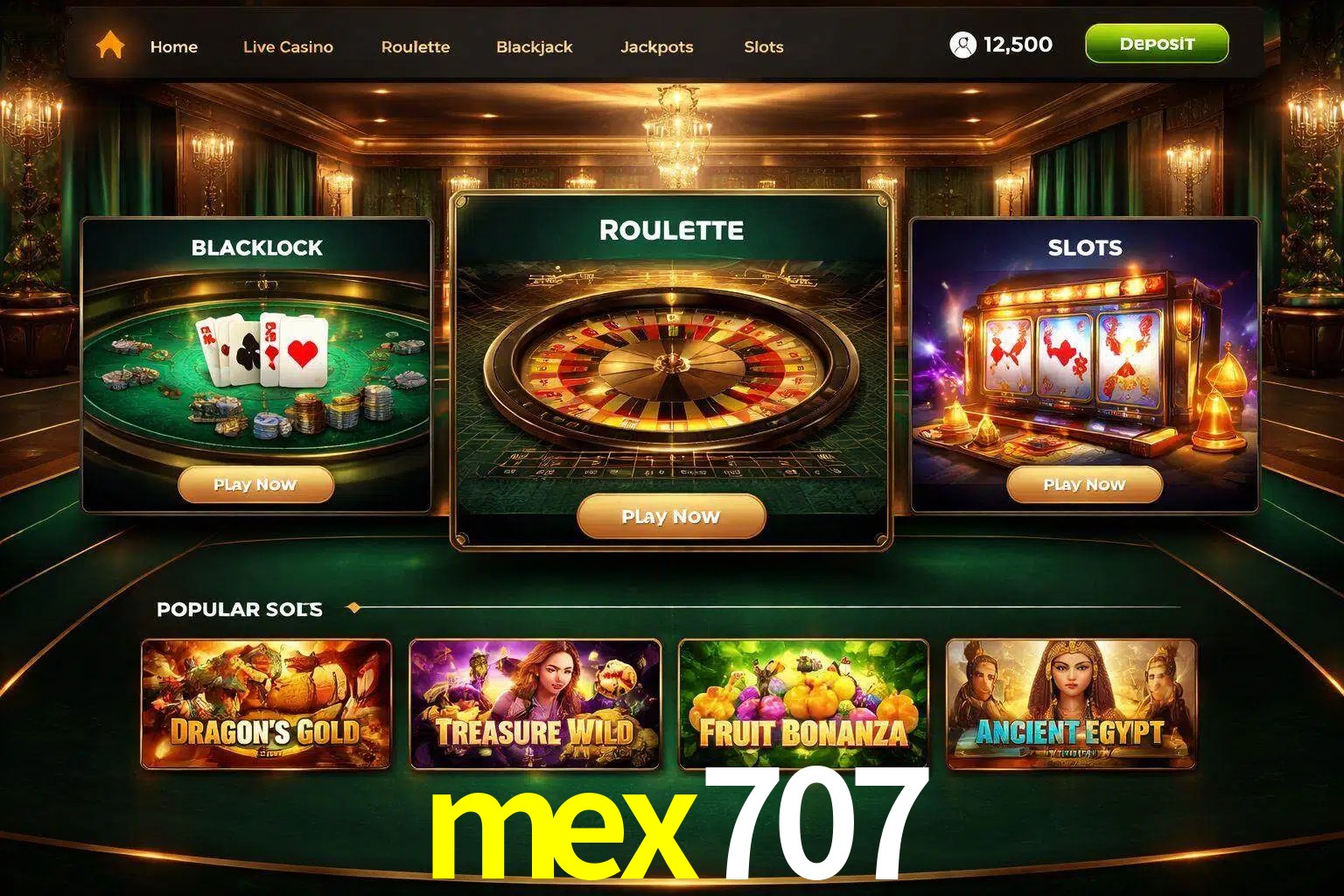 Vista de la plataforma mex707 Casino mostrando categorías organizadas de juegos en línea