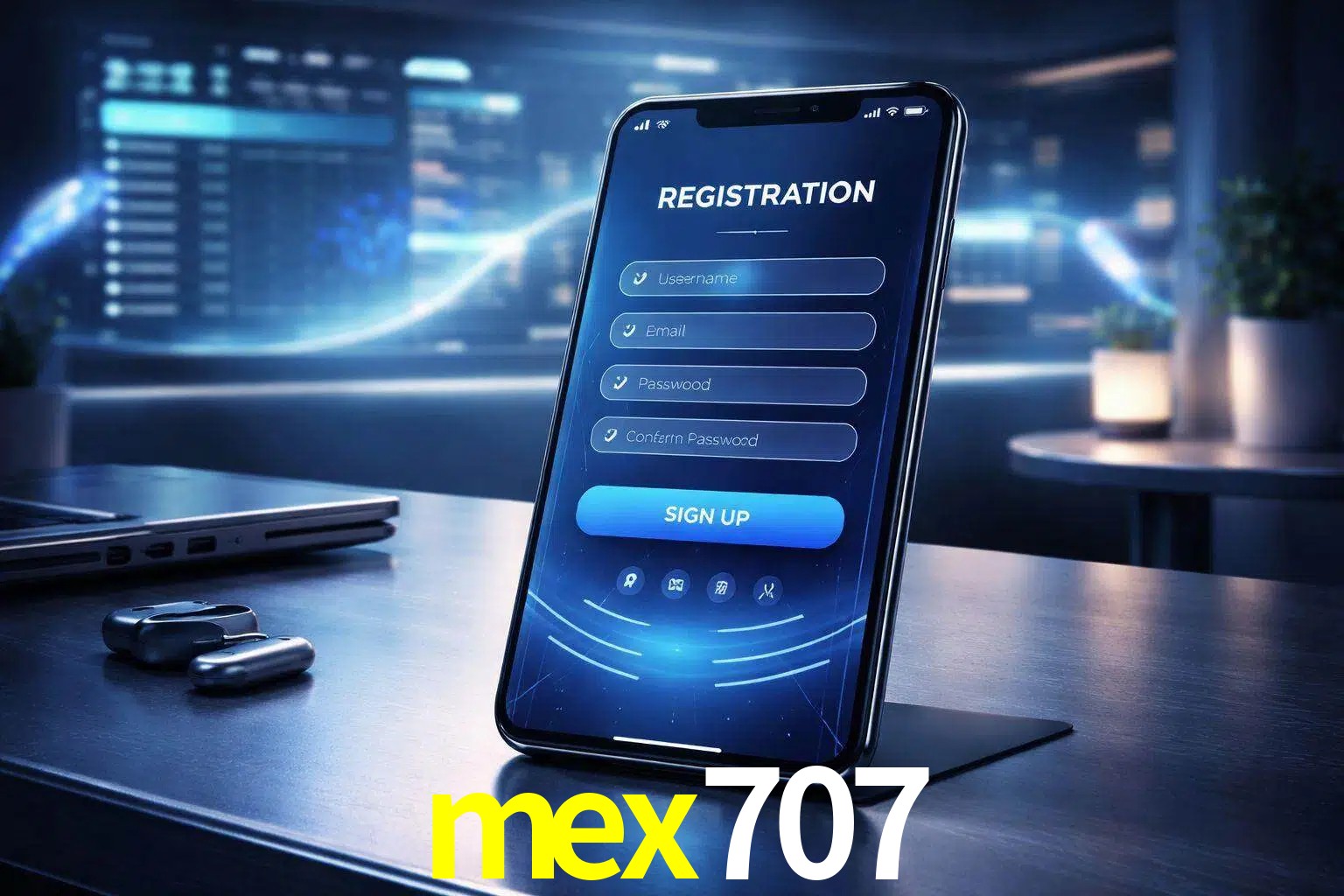 Una interfaz moderna de registro móvil para mex707 mostrada en un smartphone con un panel de apuestas elegante.
